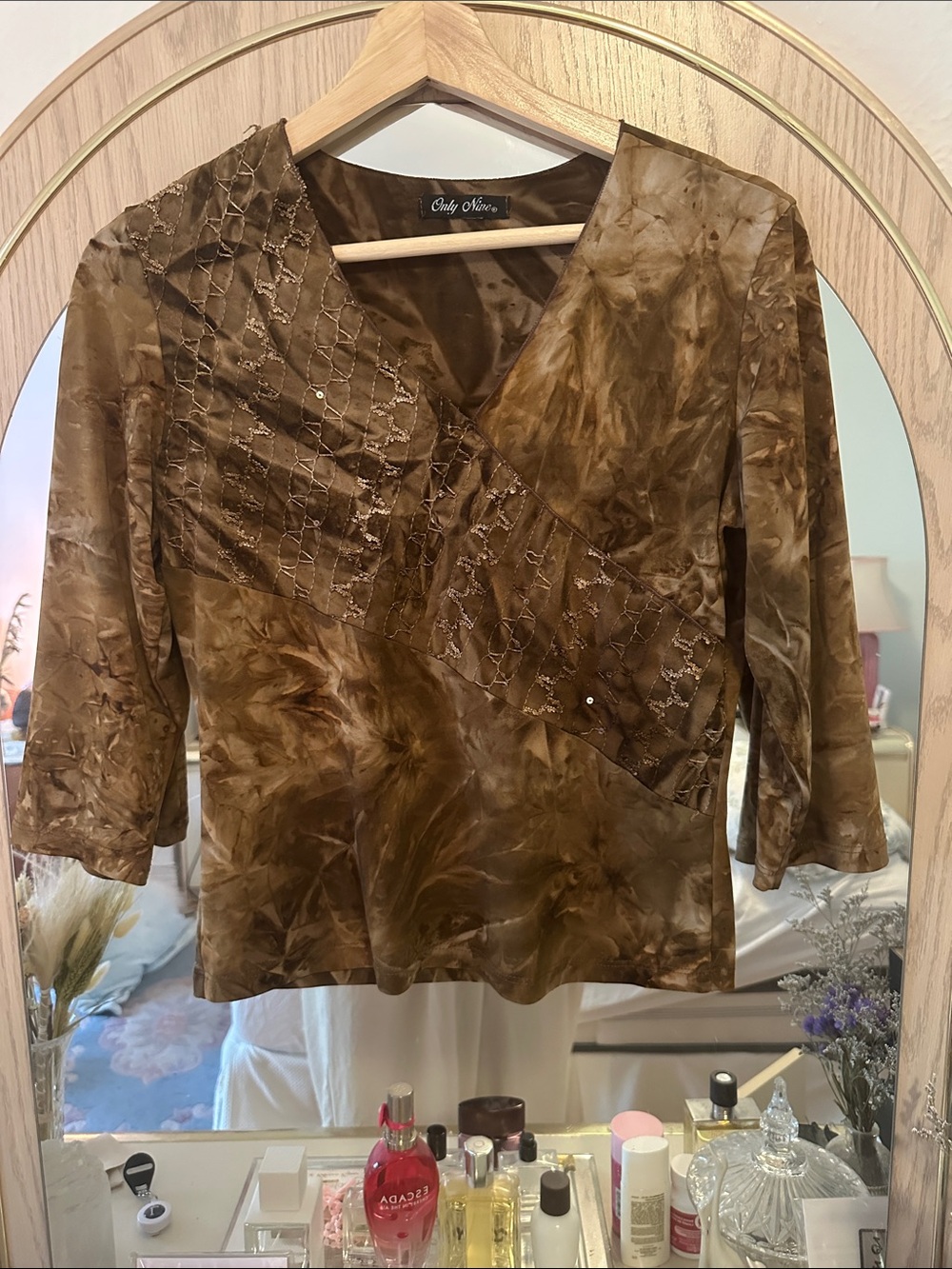 Vintage y2k Only Nine Brown Marbled V-Neck Women's Blouse with Embroidered Panel